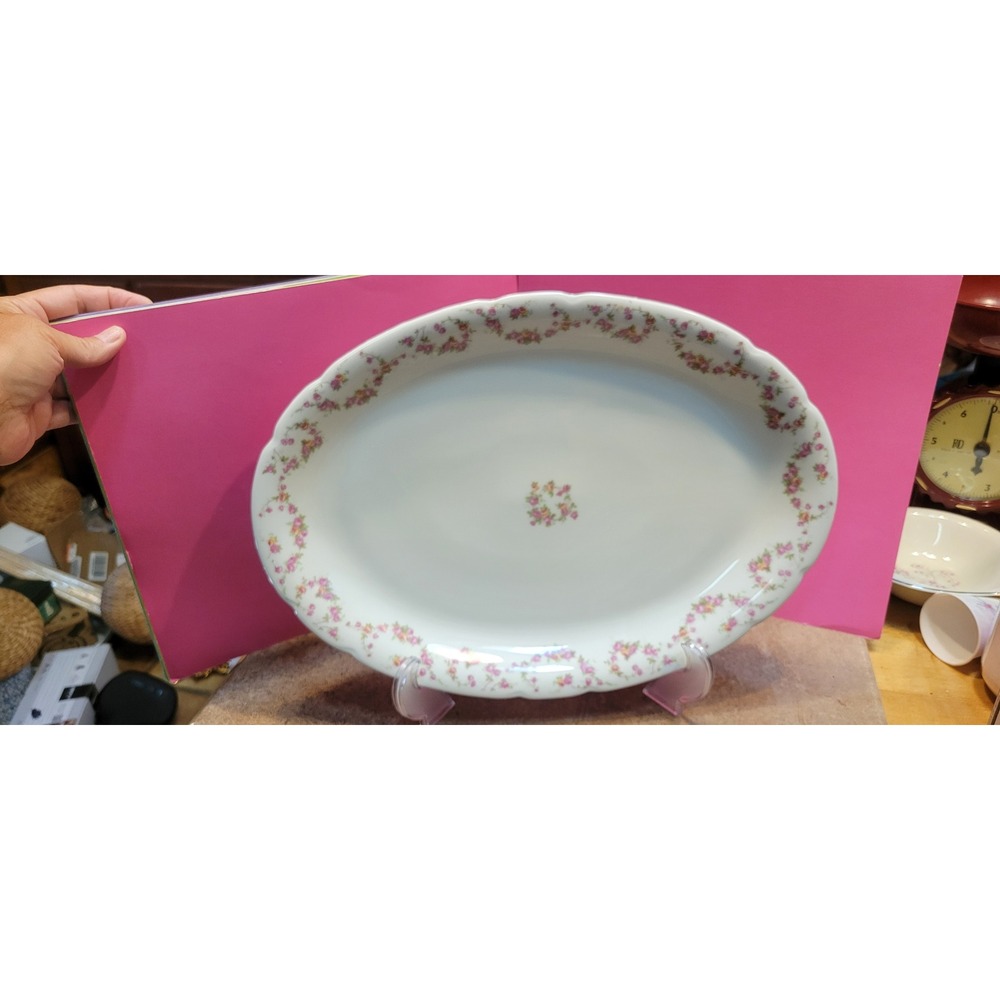 Victoria Czechoslovakia Porcelain Oval Serving Platter Pink Floral 16 Inch